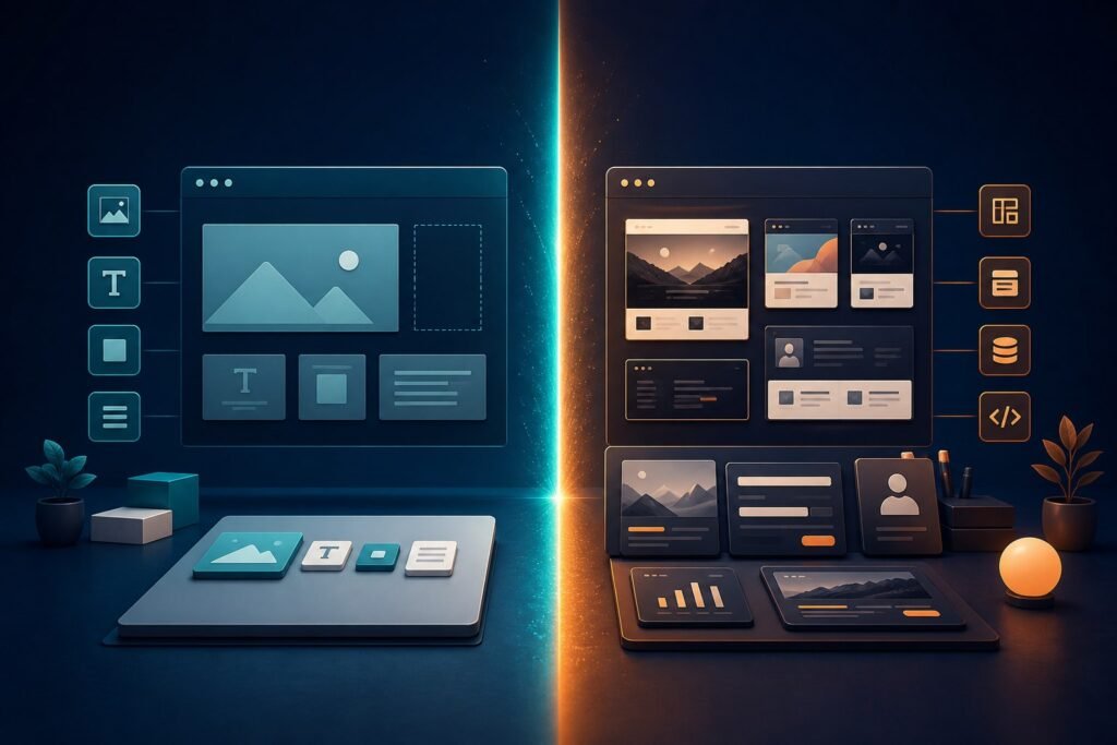 Split-screen visual comparing a basic page builder with an advanced design toolkit