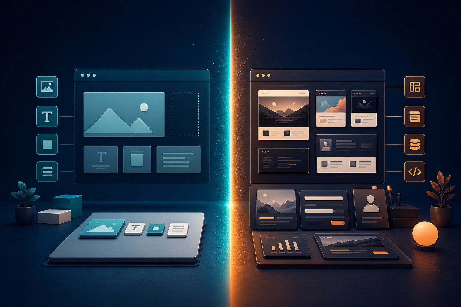 Split-screen visual comparing a basic page builder with an advanced design toolkit