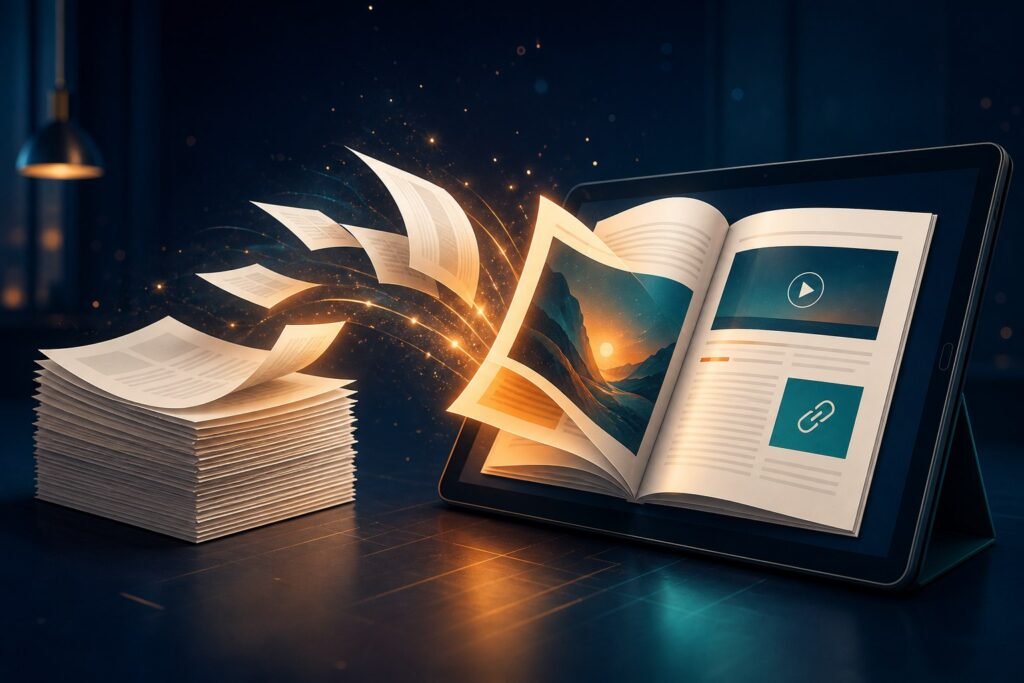 Digital product catalogue transforming from a PDF into an interactive flipbook