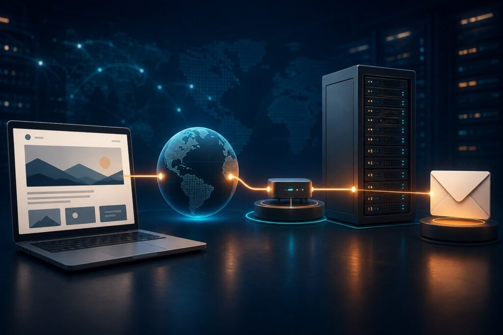 Connected domain, web hosting and business email services shown as separate systems