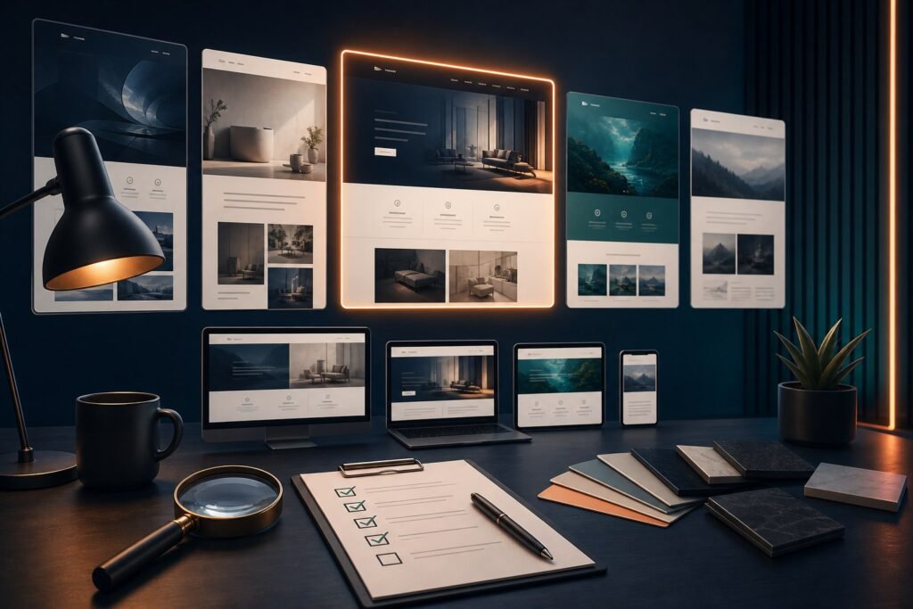 WordPress theme layouts being reviewed against a detailed buying checklist
