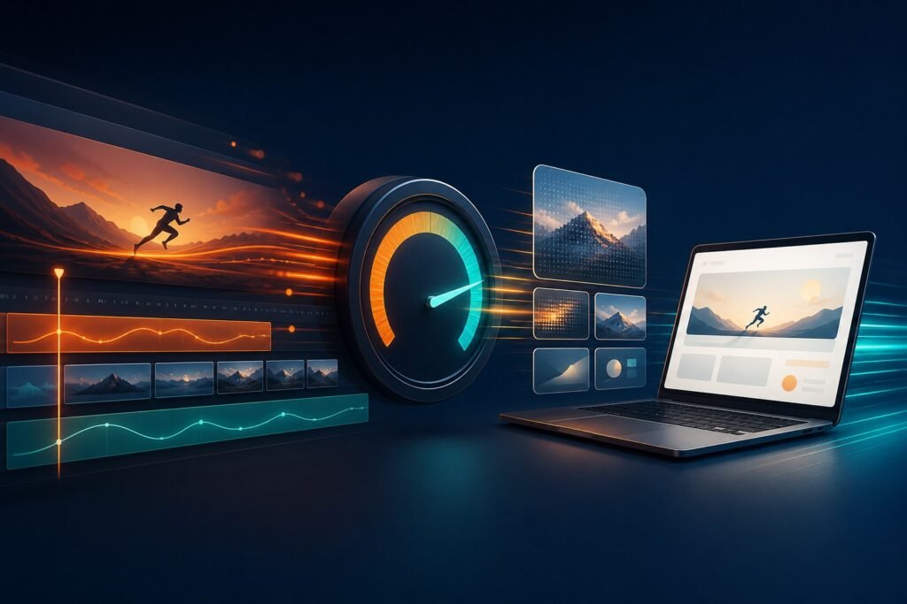 Layered website slider moving quickly through a performance gauge