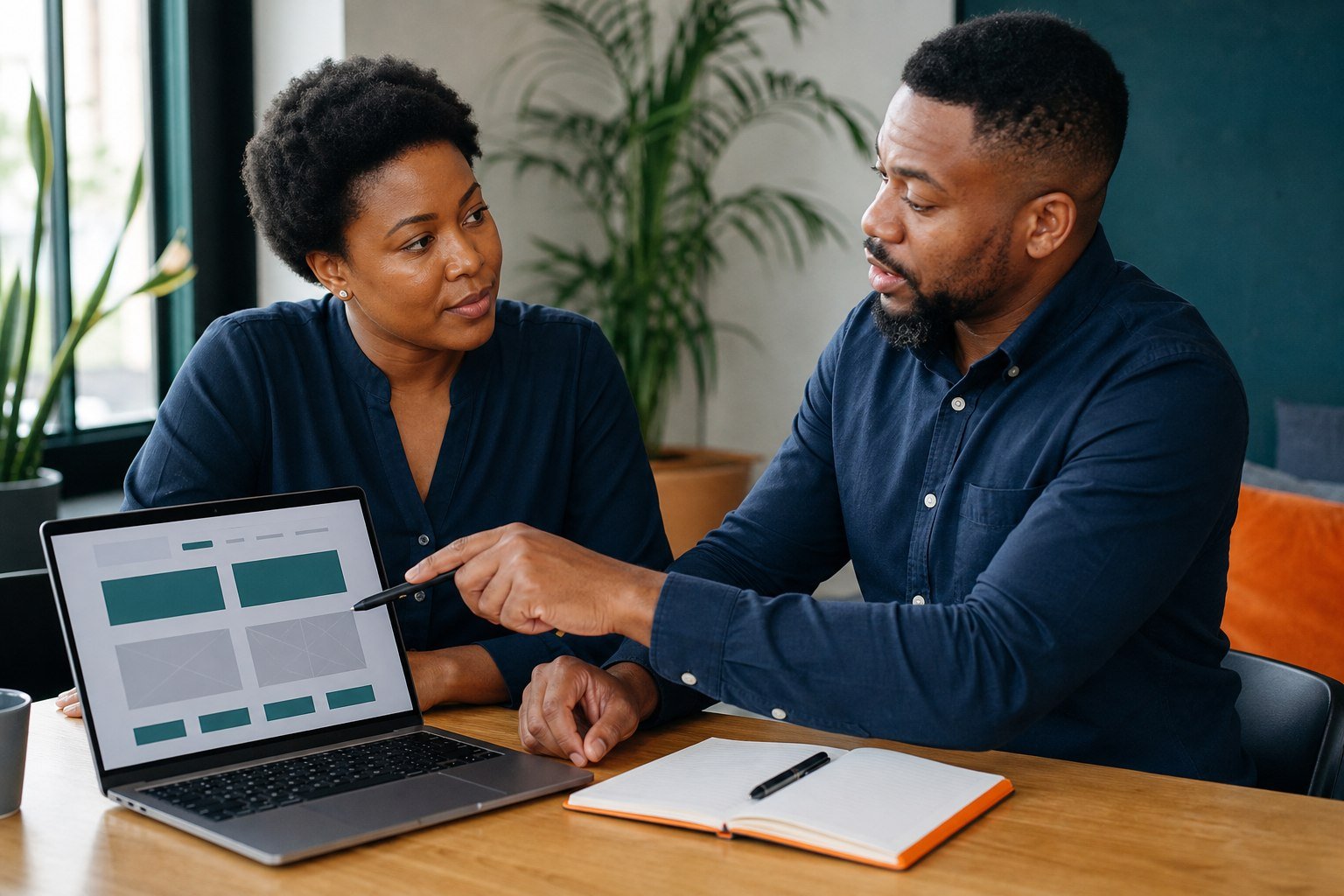 Business owner and technology consultant planning a website together
