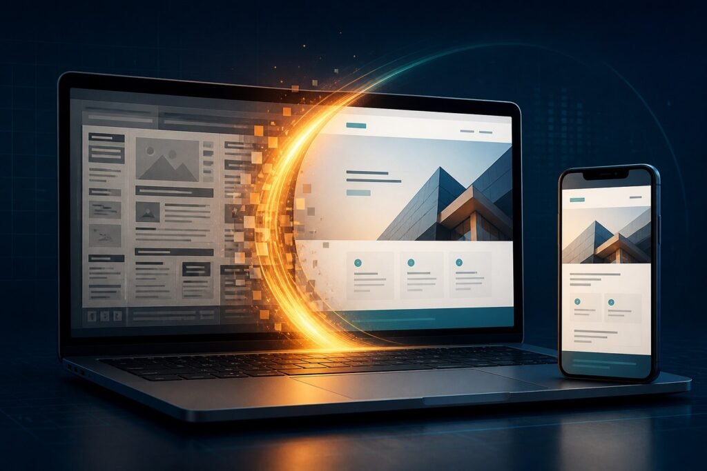Designer comparing an outdated website with a cleaner modern redesign