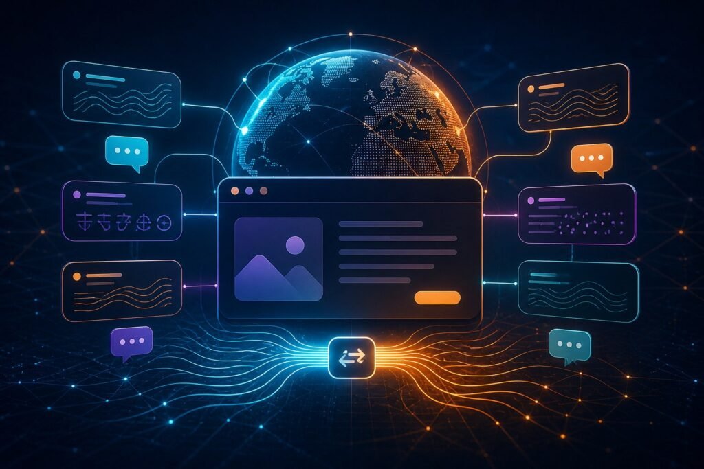 WordPress website connected to a globe and several multilingual translation interfaces