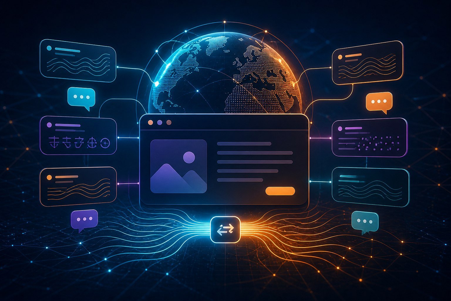 WordPress website connected to a globe and several multilingual translation interfaces